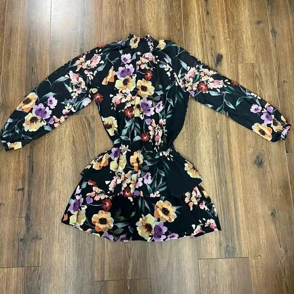 Women's Small Yumi Kim Black short Ruffled Floral Dress